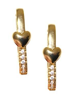 Dainty Gold Tone Elongated Earrings with Heart Motif & Crystals